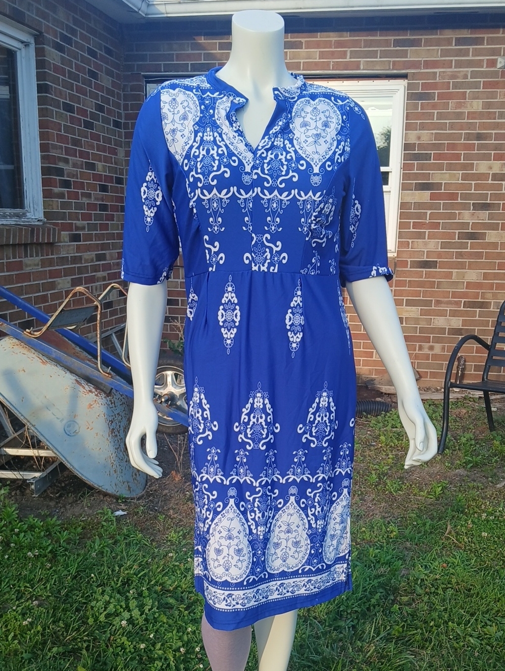 Bella Berry Blue and White Printed Midi  Dress Short Sleeve Slit Hem